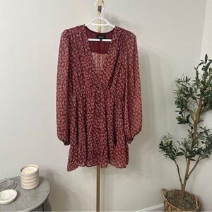 Aakaa Women's Burgundy Floral Long Sleeve Dress